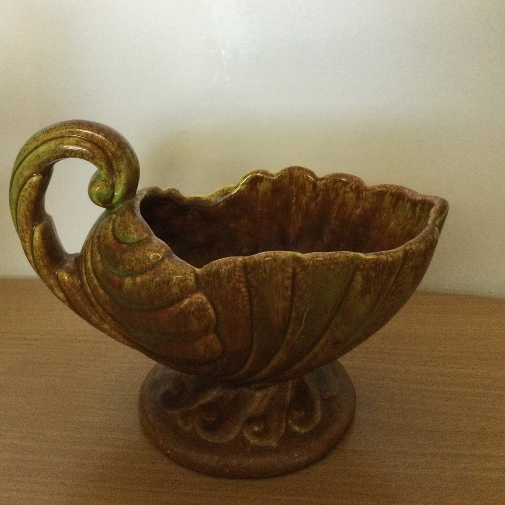 Vintage Haeger pottery USA green and brown cornucopia ceramic planter w handle